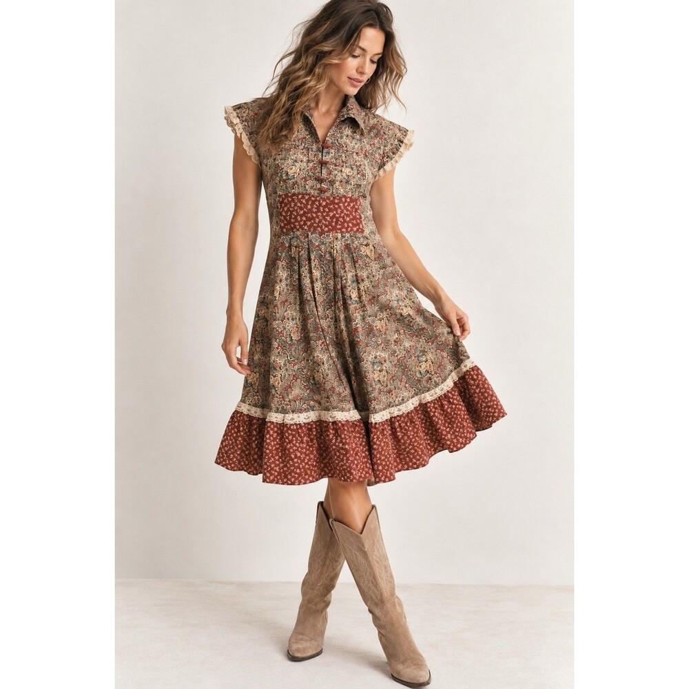 Leo Cottagecore Floral Paisley Patchwork Prairie Dress Lace Trim S/M